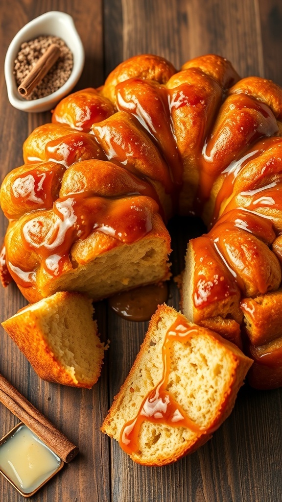 A delicious cinnamon monkey bread with caramel sauce, served on a wooden table.